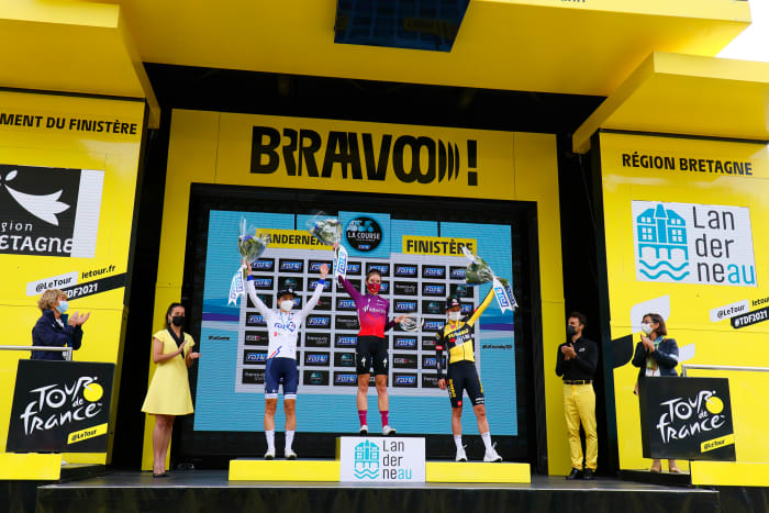 Marianne Vos of the Netherlands (far right on podium) took third place in the La Course by Le Tour in 2021 and will compete for Team Jumbo-Visma in this year’s Tour de France Femmes, with Labecki.